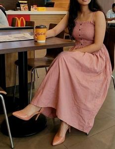 peach Smocked Fit & Flare Dress - Stretchable