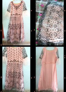 Peach &amp; Black Embroidered Anarkali Gown with dupat