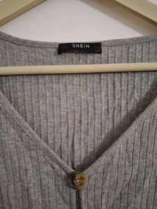 Gray Ribbed Tie-Front V-Neck Top