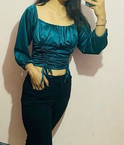 Stylish Ruched Teal Satin Top