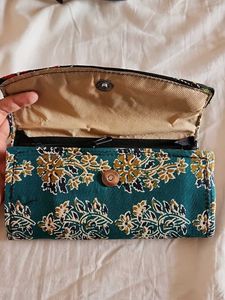 Embroidered Teal Green Saree Wallet Clutch