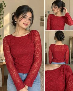 Red Lace Long Sleeve Top