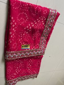 Raspberry pink Embellished Bandhani Saree