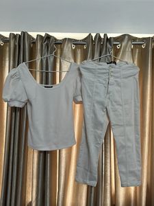 White Puff Sleeve Top & High Waist Pants Set