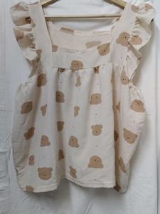 Cute Bear Print Ruffle Top