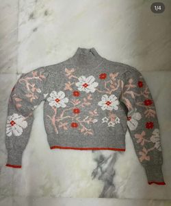 Gray Floral Mock Neck Sweater