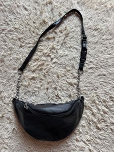 Chic Black Faux Leather Fanny Pack with Chain Stra