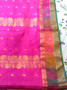 Vibrant Pink Silk Saree with Gold Border