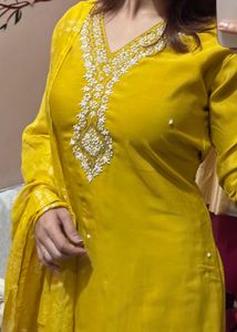 size S to XL Yellow Embroidered Kurta with Dupatta