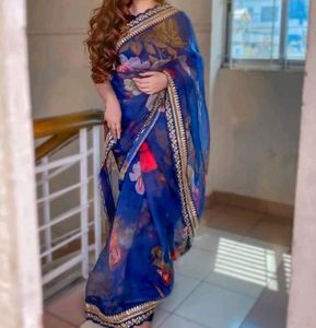 Elegant Floral &amp; Embellished Blue Saree