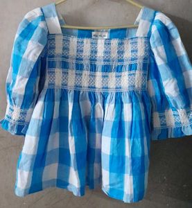Cute Blue Checked Top with Smocked Details