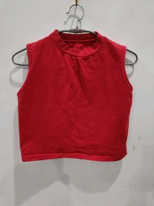 Red Sleeveless Mock Neck Crop Top Size-S