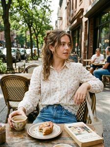 Floral Print Button-Up Blouse with Lace Trim
