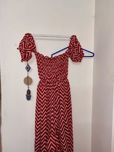 Red Chevron Print Off-Shoulder Summer Dress