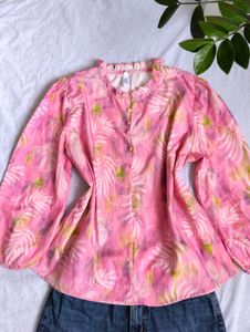 Shimmery Pink Tropical Print Blouse