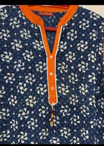 Navy &amp; Orange Floral Print Kurta