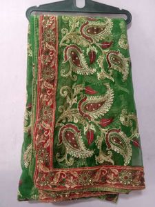 Green & Red Embroidered Saree