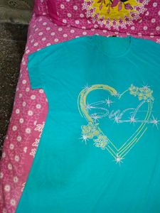 Cute Teal Heart Graphic Tee free size imported