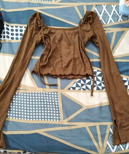 Brown Ribbed Long Sleeve Crop Top