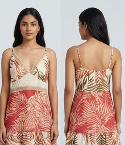 Tropical Print Midi Dress with Lace Detail