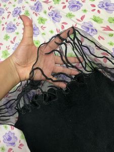 Chic Black Ruffled Sheer Sleeve Top