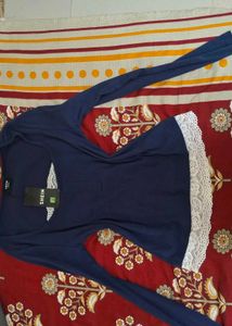 Navy Blue Lace Trim Long Sleeve Top