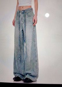 Wide Leg Denim Jeans with Tie Belt and rhinestone.