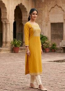 Mustard Embroidered Ethnic Kurta