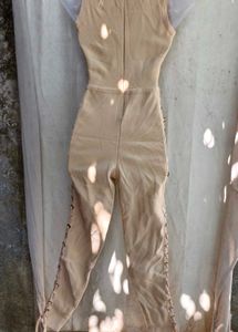 162510. Beige Lace-Up Jumpsuit