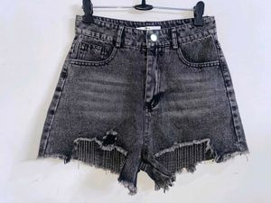 Distressed Denim Shorts with Rhinestone Fringe