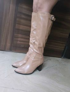 leather Beige Knee-High Boots