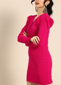 Hot Pink Ruched Long Sleeve Mini Dress