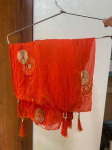 Vibrant Orange Dupatta with Gold Embellishments