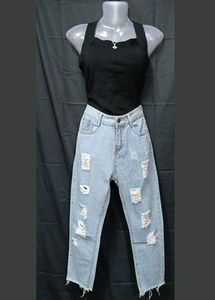 Ripped Light Wash Raw Hem Mom Jeans