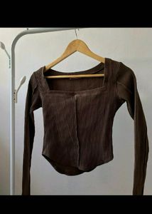 Brown Ribbed Square Neck Long Sleeve Top