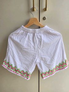 White Embroidered Cotton Shorts