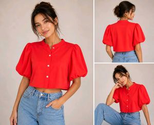 Chic Red Puff Sleeve Cropped Top