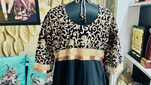Elegant Black &amp; Gold Embroidered Gown
