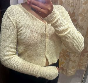 Cream Knit Button-Up Cropped Sweater