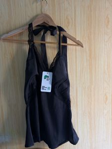 Newme Black Satin Lace Halter Top