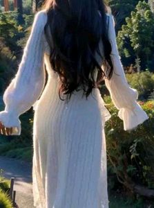 korean fur White Lace Detail Long Dress
