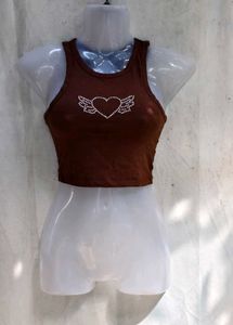 20279. Brown Crop Top with Rhinestone Wings Heart