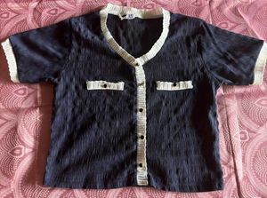 Chic Navy Blue Textured Button-Up Top