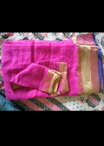 Vibrant Pink Saree d blouse with Gold Border