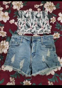 Floral Smocked Tube Top & Denim Shorts Set