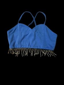Blue Denim Crop Top with Rhinestone Fringe