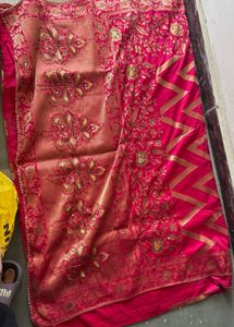 Pink Silk Saree with Golden Zigzag