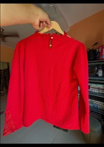 Red Embellished Neck Blouse