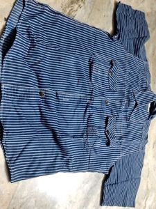 Blue & White Striped Button-Up Chore Shirt Jacket
