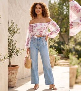 Off-Shoulder Floral Print Ruched Top
